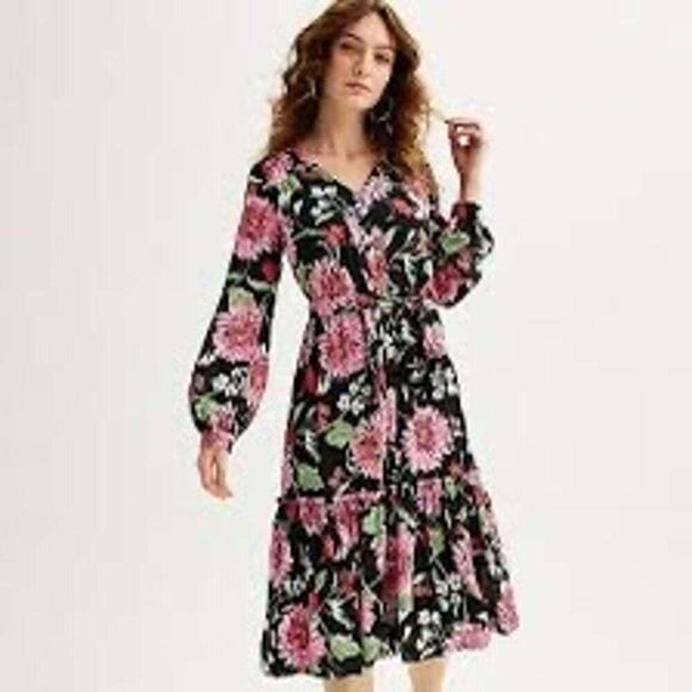 Draper James Long Sleeve Tiered Midi v-neck Dress black pink cottagecore medium